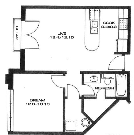Floor plan for 1 bed, 1 bath, 648 sqft